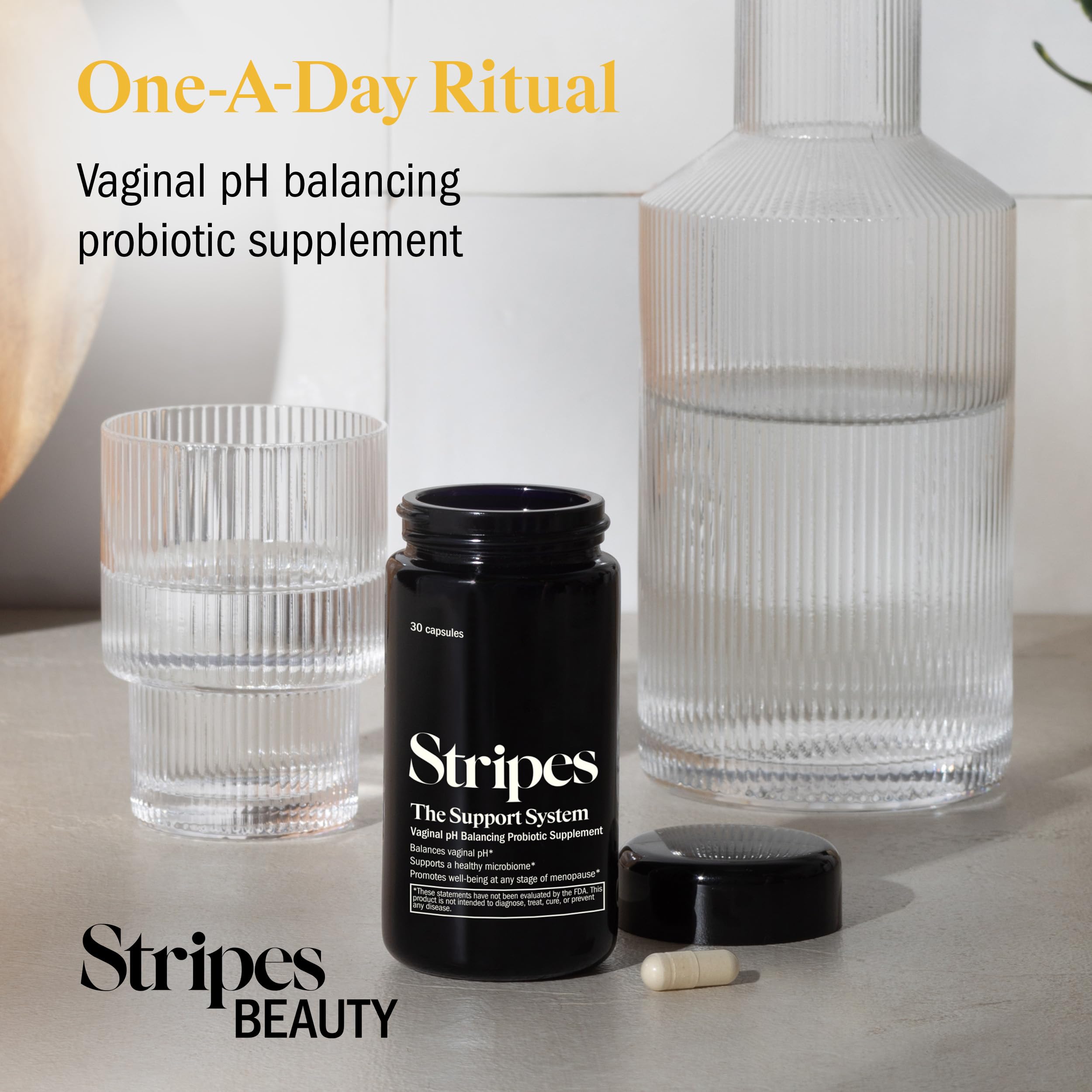 STRIPES The Support System packaging flatlay with bottle and box