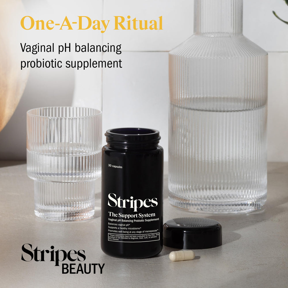 STRIPES The Support System packaging flatlay with bottle and box