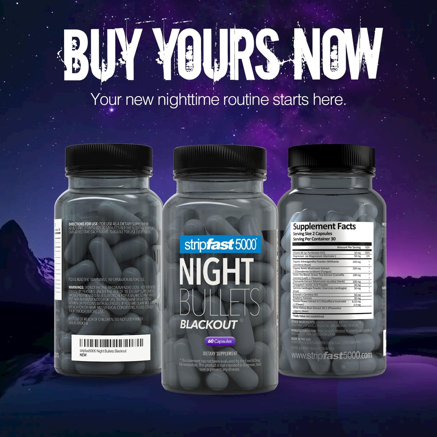 Stripfast5000 Night Bullets on a calm nightstand.