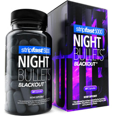 Stripfast5000 Night Bullets bottle closeup for overnight wellness support.