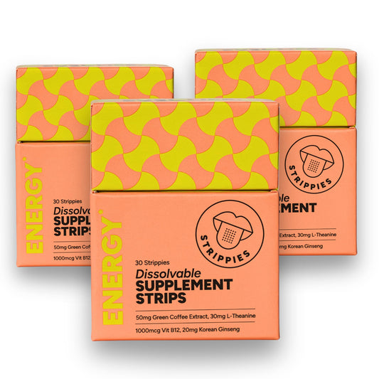 STRIPPIES mint energy strips in compact packaging for on-the-go boosts.