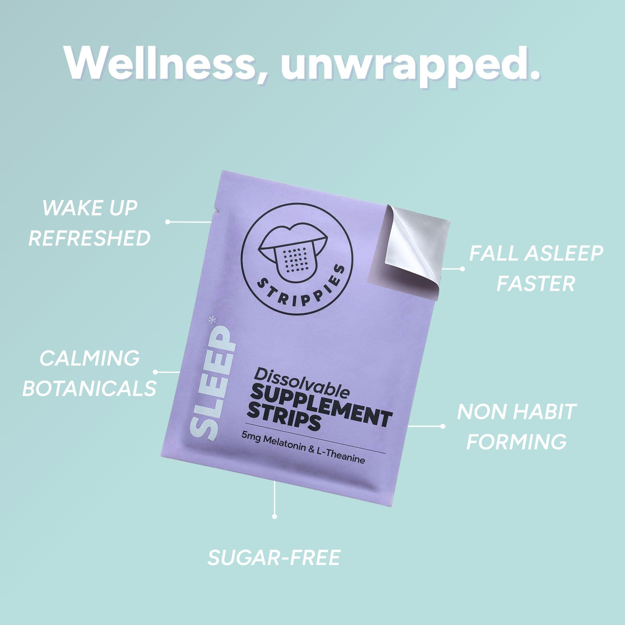 STRIPPIES bottle label highlighting calming botanicals and melatonin