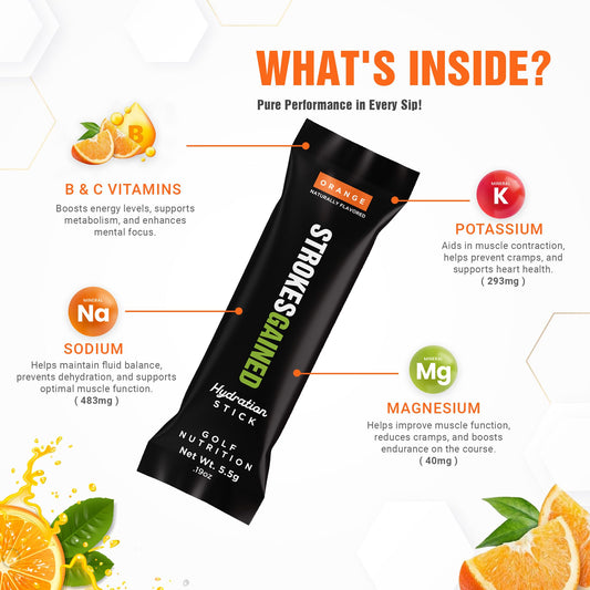 Strokes Gained Hydration orange stick pack dissolving in water supports on-course endurance.