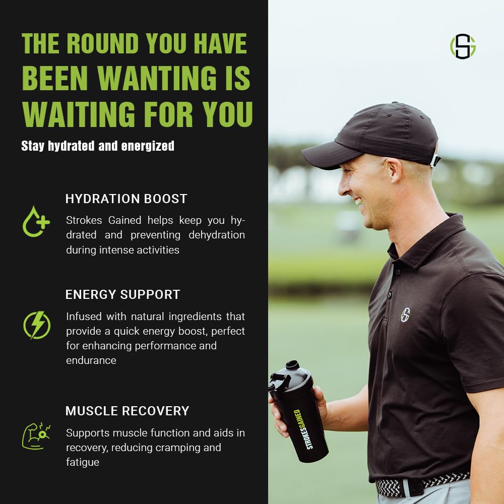 Strokes Gained Hydration orange label shows electrolytes and vitamins for golfers.