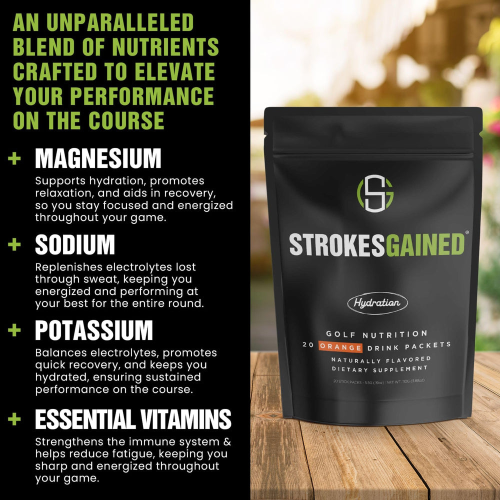 Strokes Gained Hydration orange stick packs tucked in a golf bag for travel.