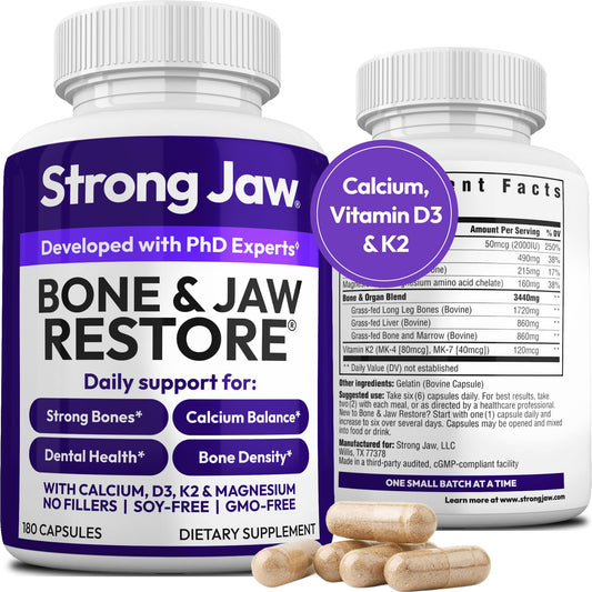 Strong Jaw bottle with 180 capsules for daily bone support.
