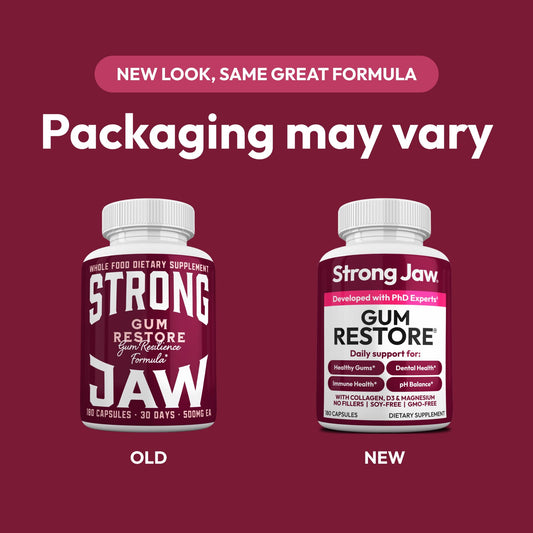 Strong Jaw Gum Restore bottle back with supplement details for dental wellness
