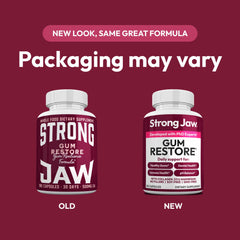 Strong Jaw Gum Restore bottle back with supplement details for dental wellness