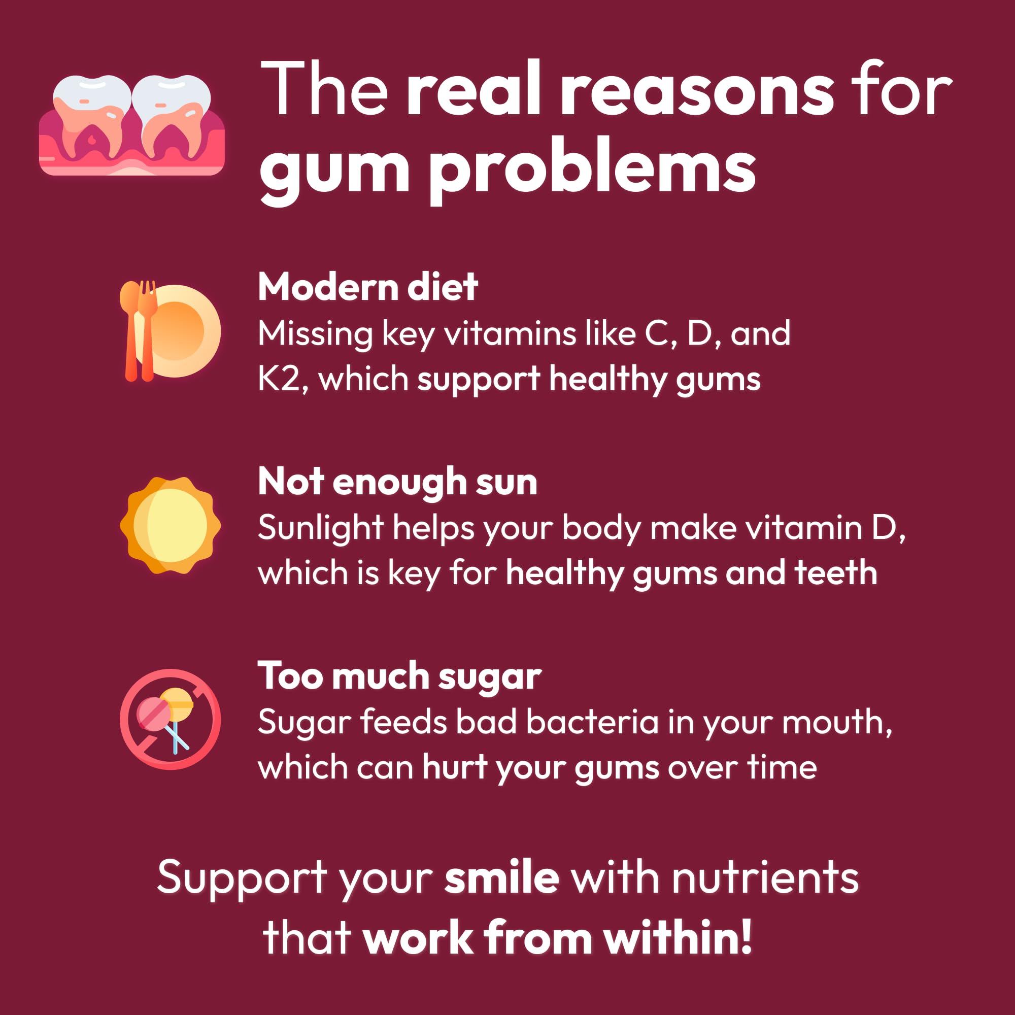 Icon-style ingredient highlights for Strong Jaw Gum Restore