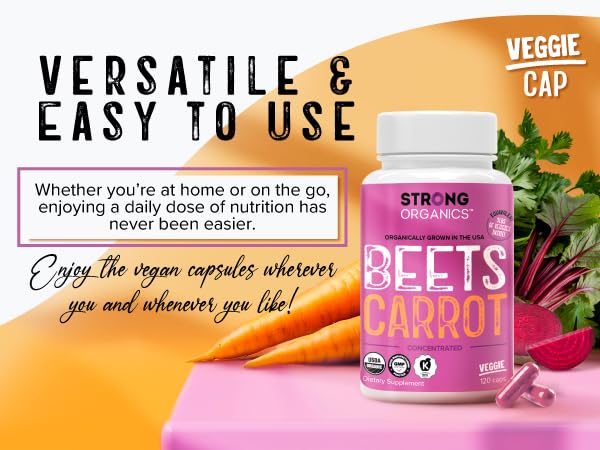 120-count bottle of Strong Organics Beet Carrot Juice Caps for daily use