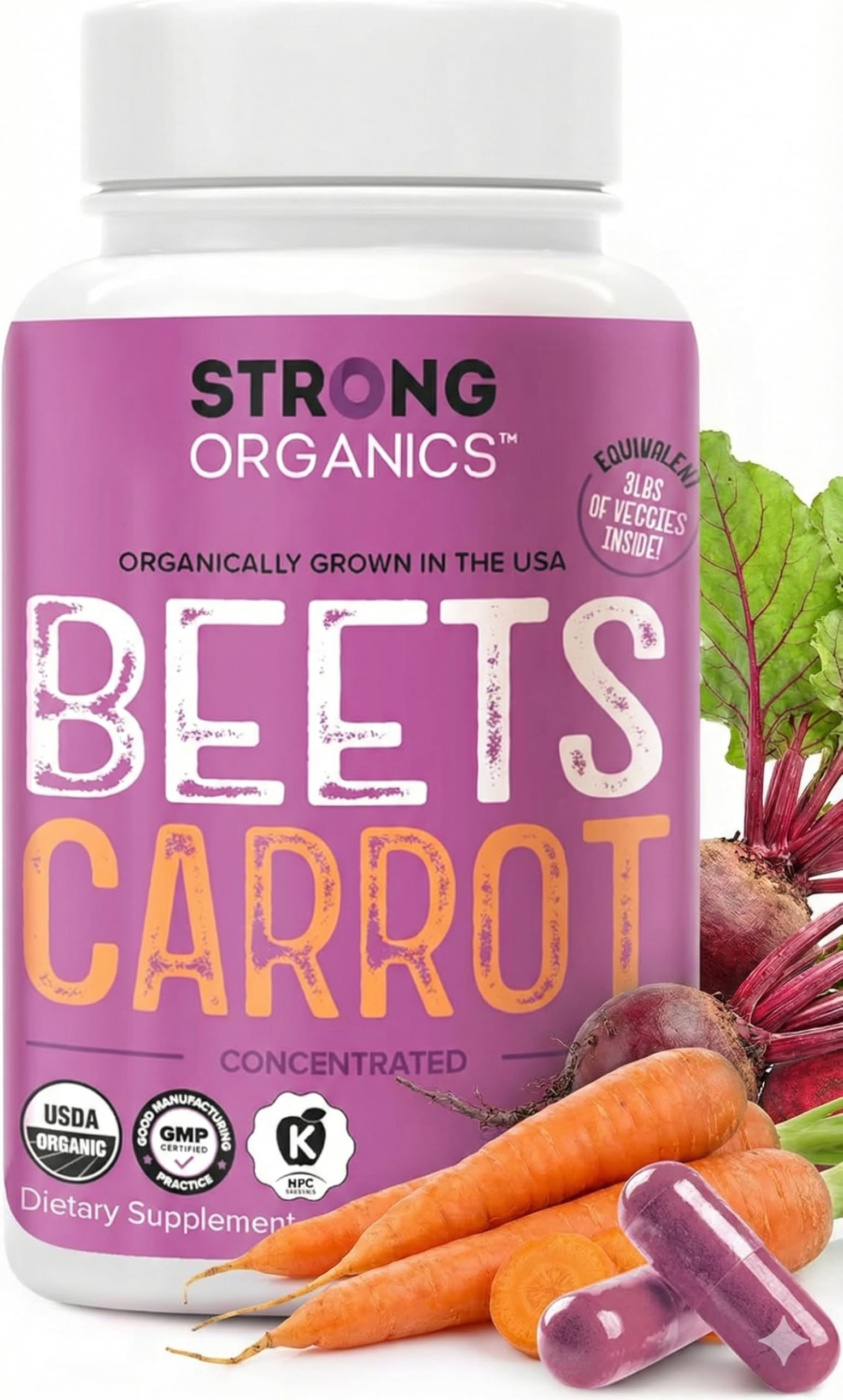 Strong Organics Beet Carrot Juice Caps bottle with vibrant capsules for daily energy