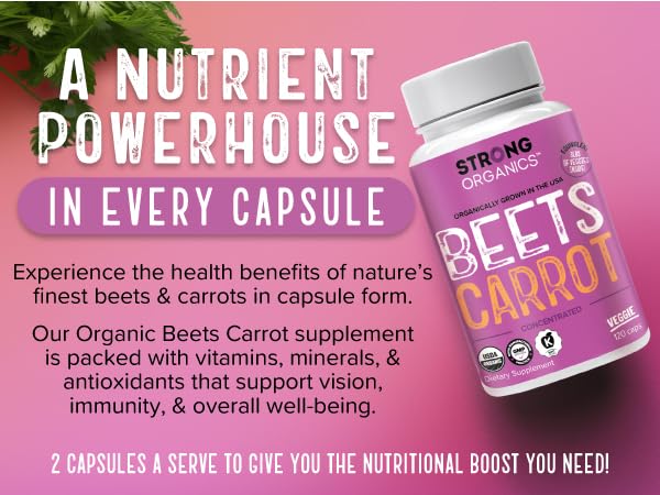 Close-up of Strong Organics Beet Carrot Juice Caps capsules supporting circulation