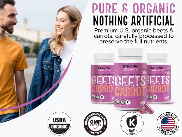 Strong Organics packaging highlighting organic, vegan, non-GMO formula