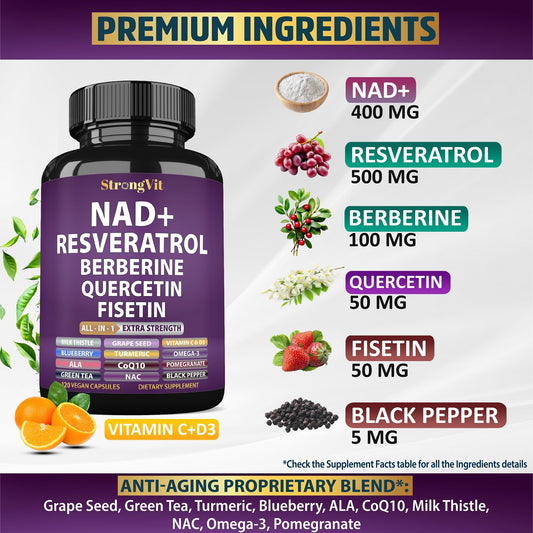StrongVit Berberine Quercetin CoQ10 capsules illustrating a comprehensive antioxidant blend