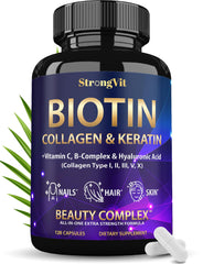 StrongVit Biotin with Hyaluronic Acid bottle highlights easy-to-swallow capsules for hair, nails, and skin support.