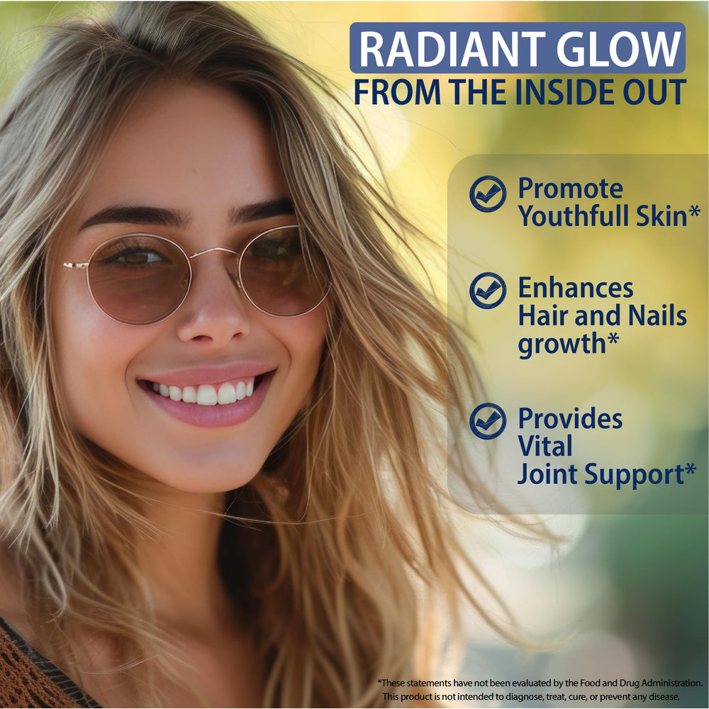 StrongVit collagen types I–X capsules illustrate multi-type collagen for skin and joints.