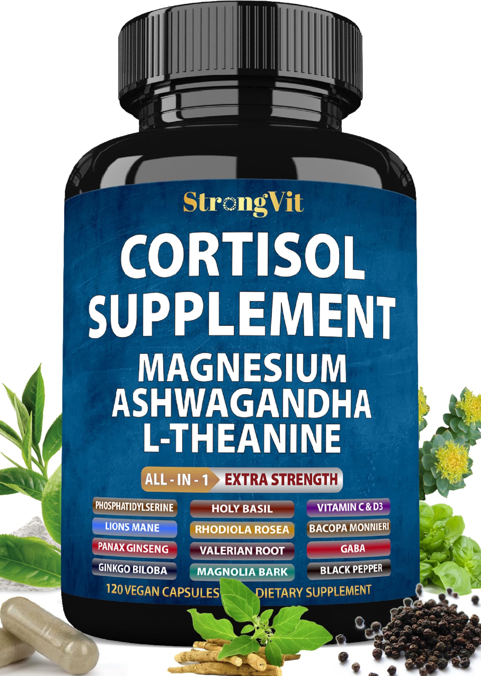 StrongVit cortisol bottle for daily stress support and balanced energy.