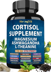 StrongVit cortisol bottle for daily stress support and balanced energy.