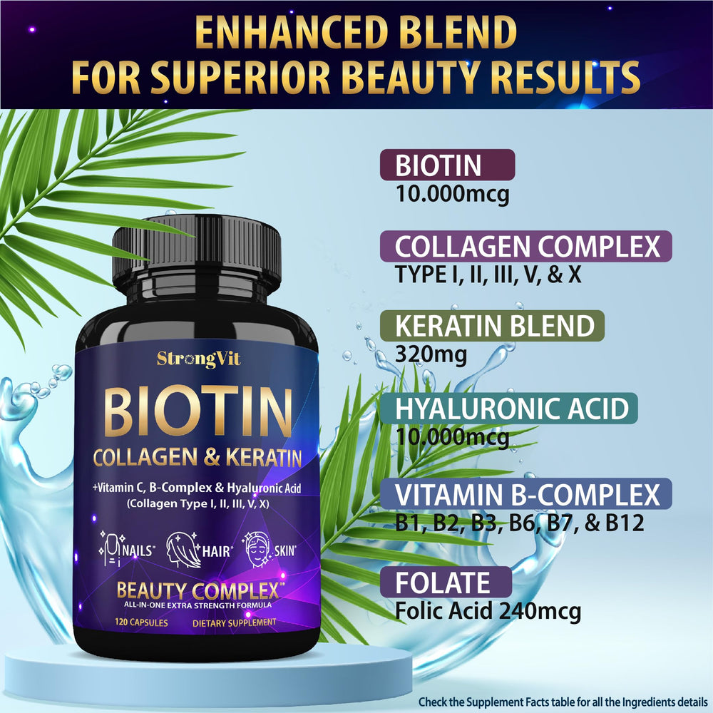 StrongVit keratin and collagen capsules close-up emphasize a comprehensive beauty supplement for healthy looks.