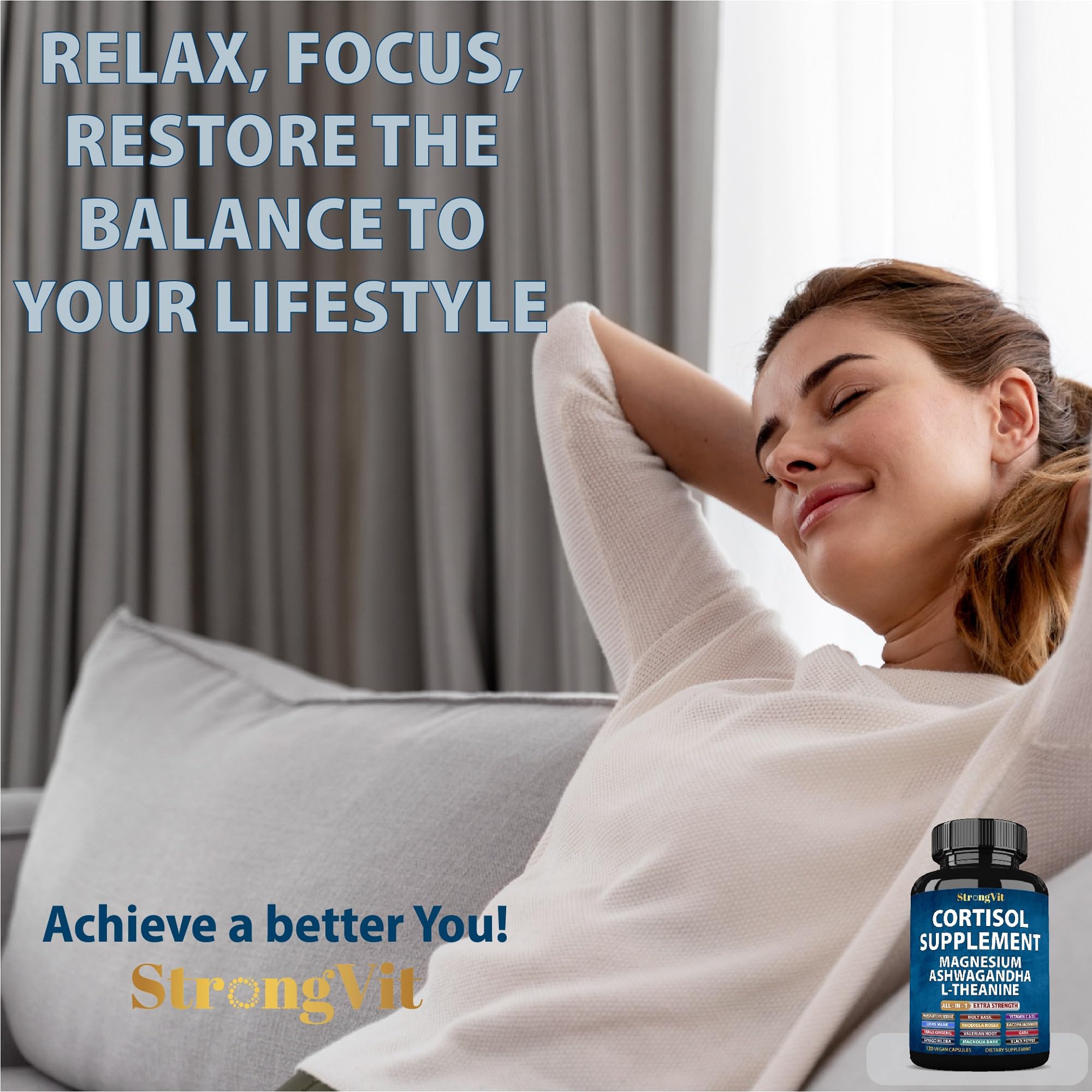 StrongVit L-Theanine capsule closeup emphasizing calm focus support.