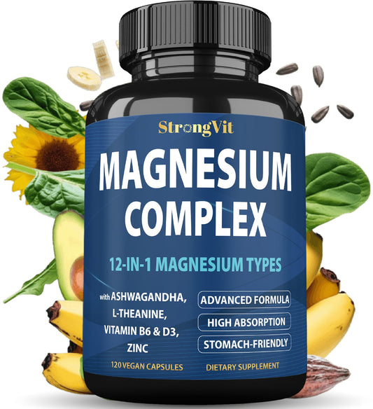 StrongVit magnesium 12-in-1 bottle label showing 1000 mg dose for daily wellness.