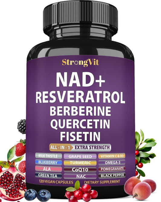 StrongVit NAD Resveratrol liposomal bottle showing advanced delivery for daily support