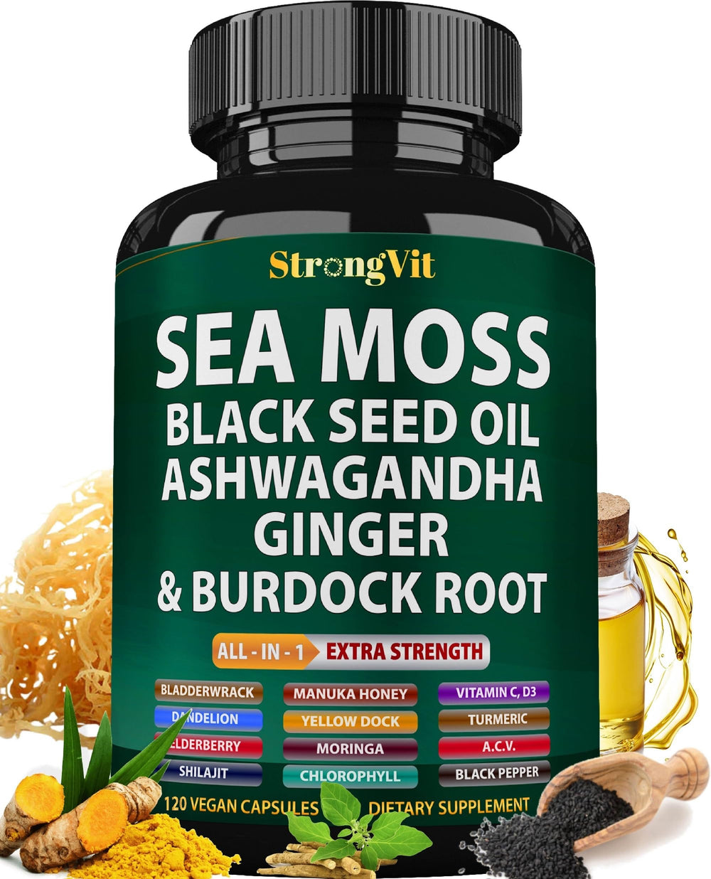 StrongVit sea moss capsules in a bottle support daily vitality and wellness