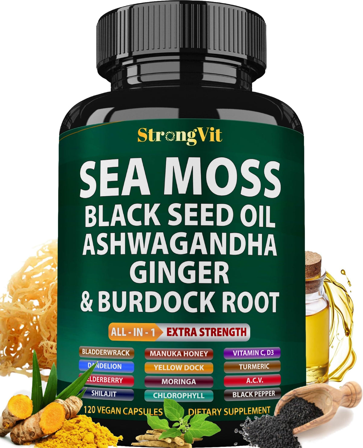 StrongVit sea moss capsules in a bottle support daily vitality and wellness