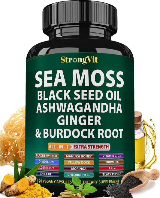 StrongVit sea moss capsules in a bottle support daily vitality and wellness