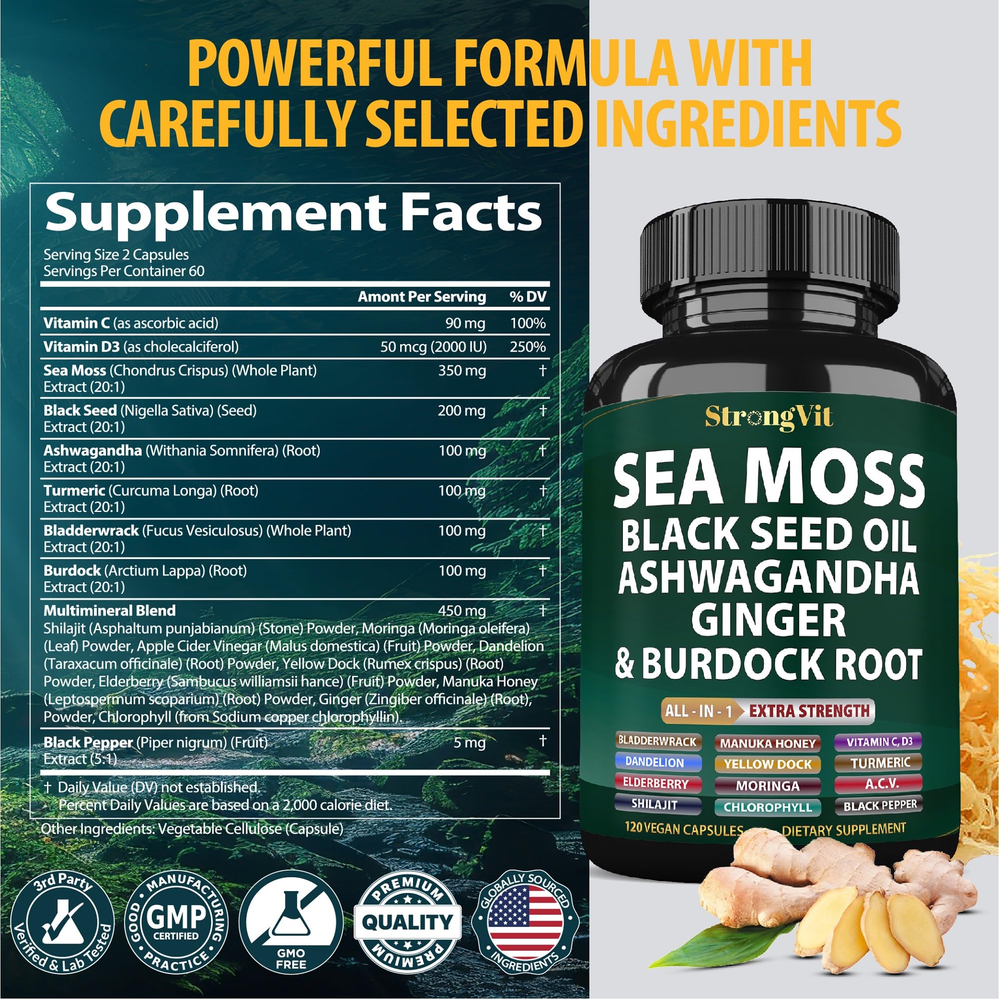 StrongVit sea moss capsules on a shelf with label suggest convenience for routines