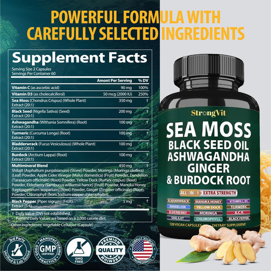 StrongVit sea moss capsules on a shelf with label suggest convenience for routines