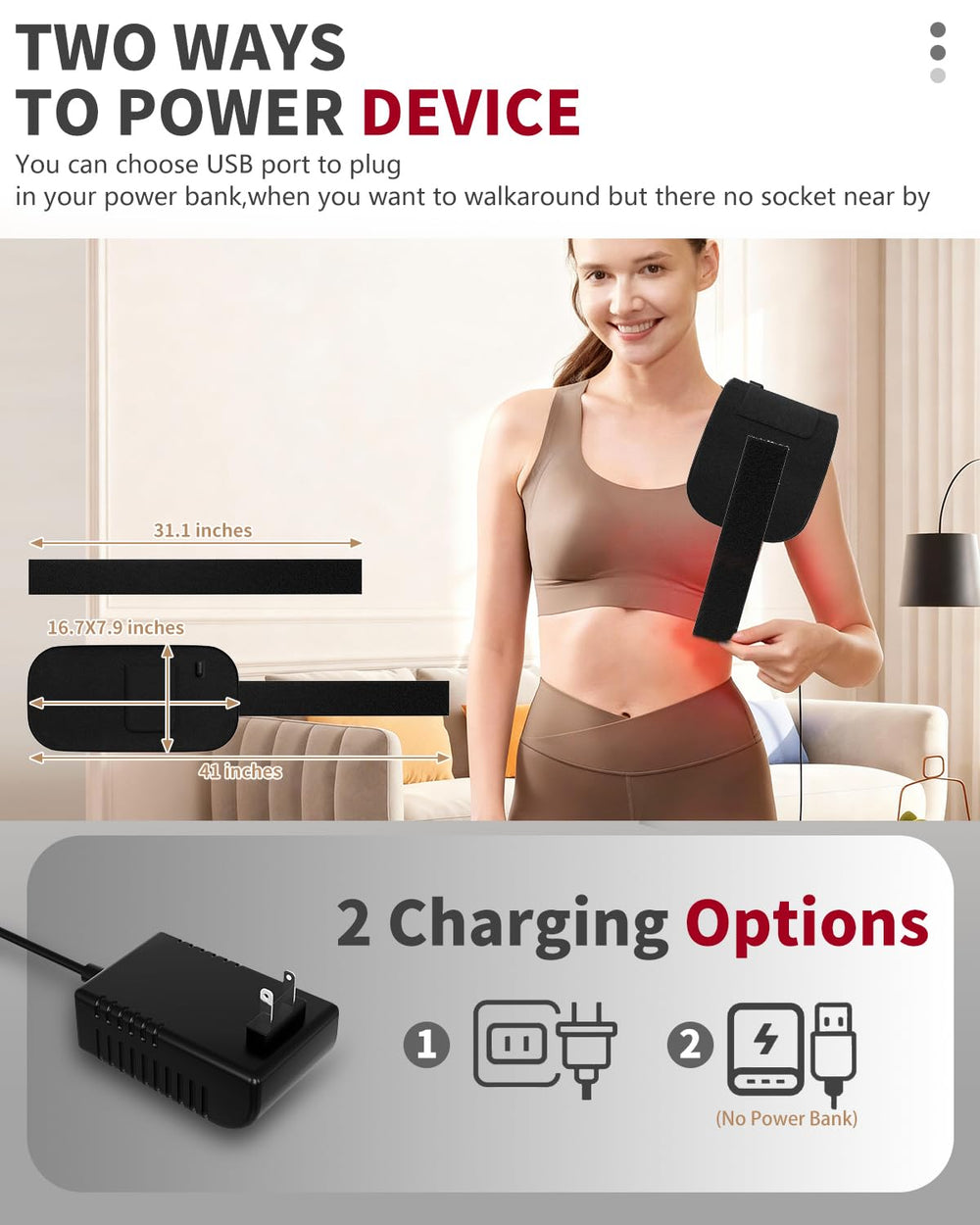 STRONIC red light therapy belt shows coverage area 12.6 by 6.3 inches for multiple body parts.