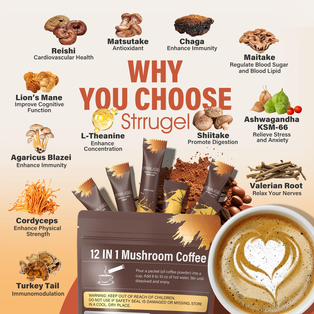 Strrugel Mushroom Coffee vanilla cup-dissolved shows hot or cold preparation