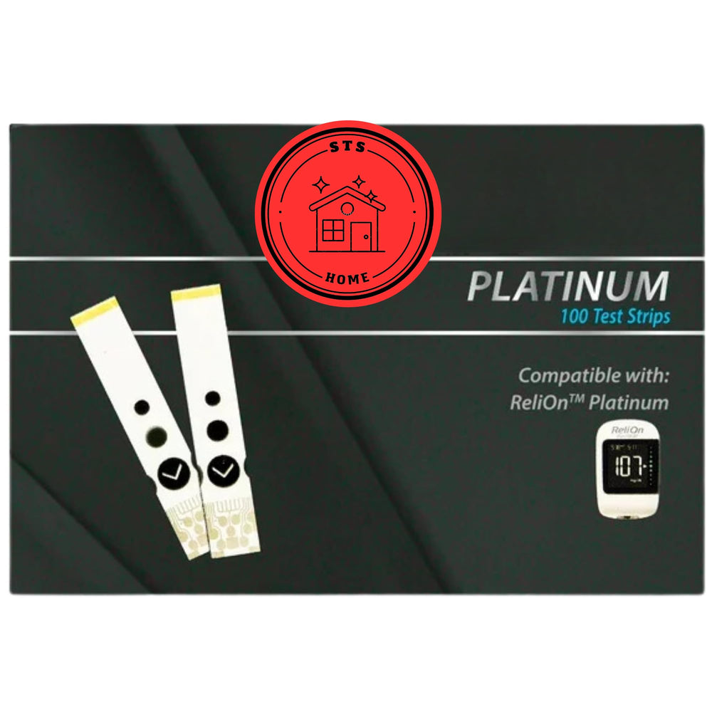 STS Home Platinum meter with test strip ready for quick glucose readings.