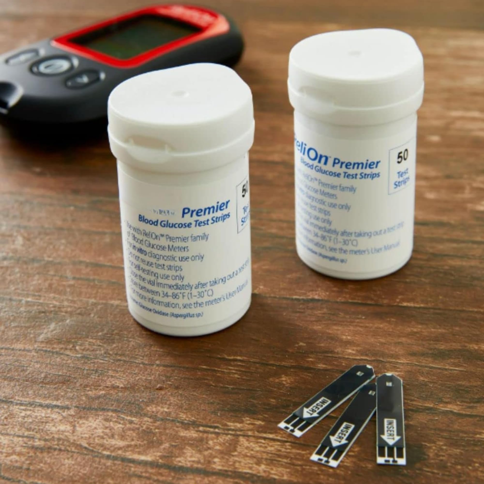 STS Home Premier Test Strips easy-use design shown beside a glucose meter