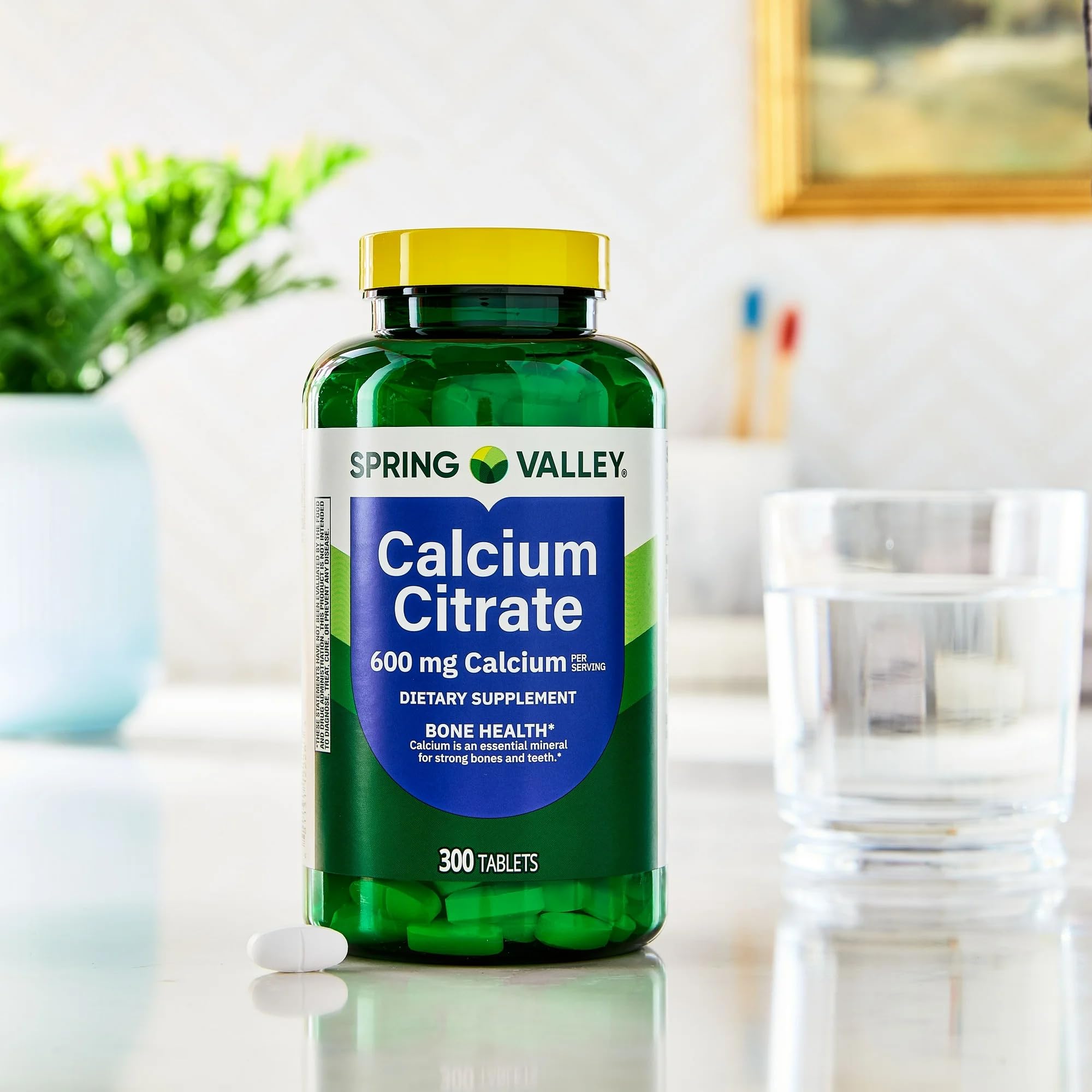 Front view of the calcium citrate bottle emphasizing purity and care