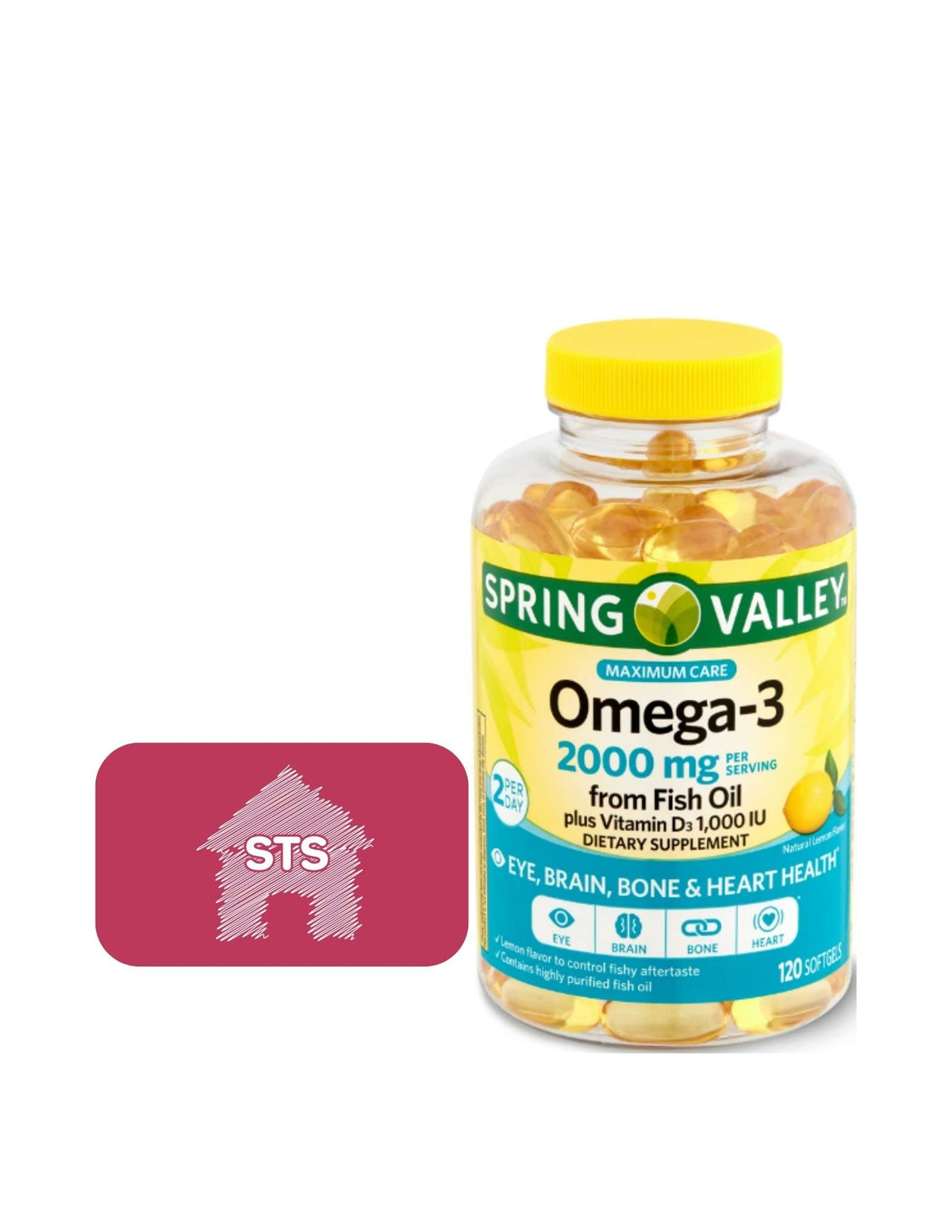STS Home Spring Valley Omega-3 bottle front showing purified fish oil capsules for potential heart support