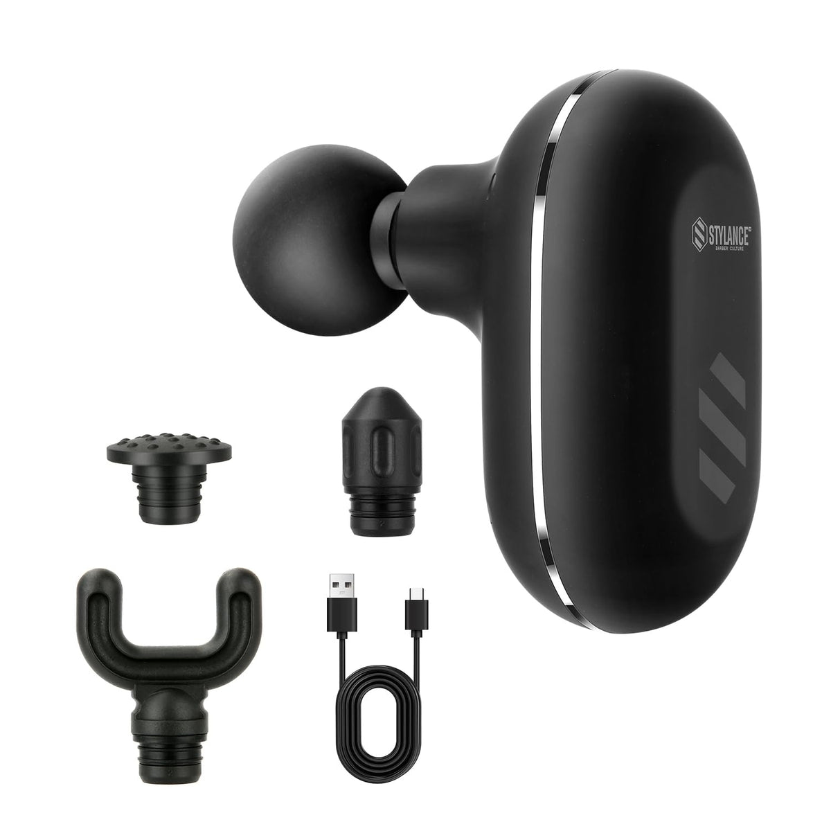 STYLANCE mini massage gun in use for targeted neck relief on the go