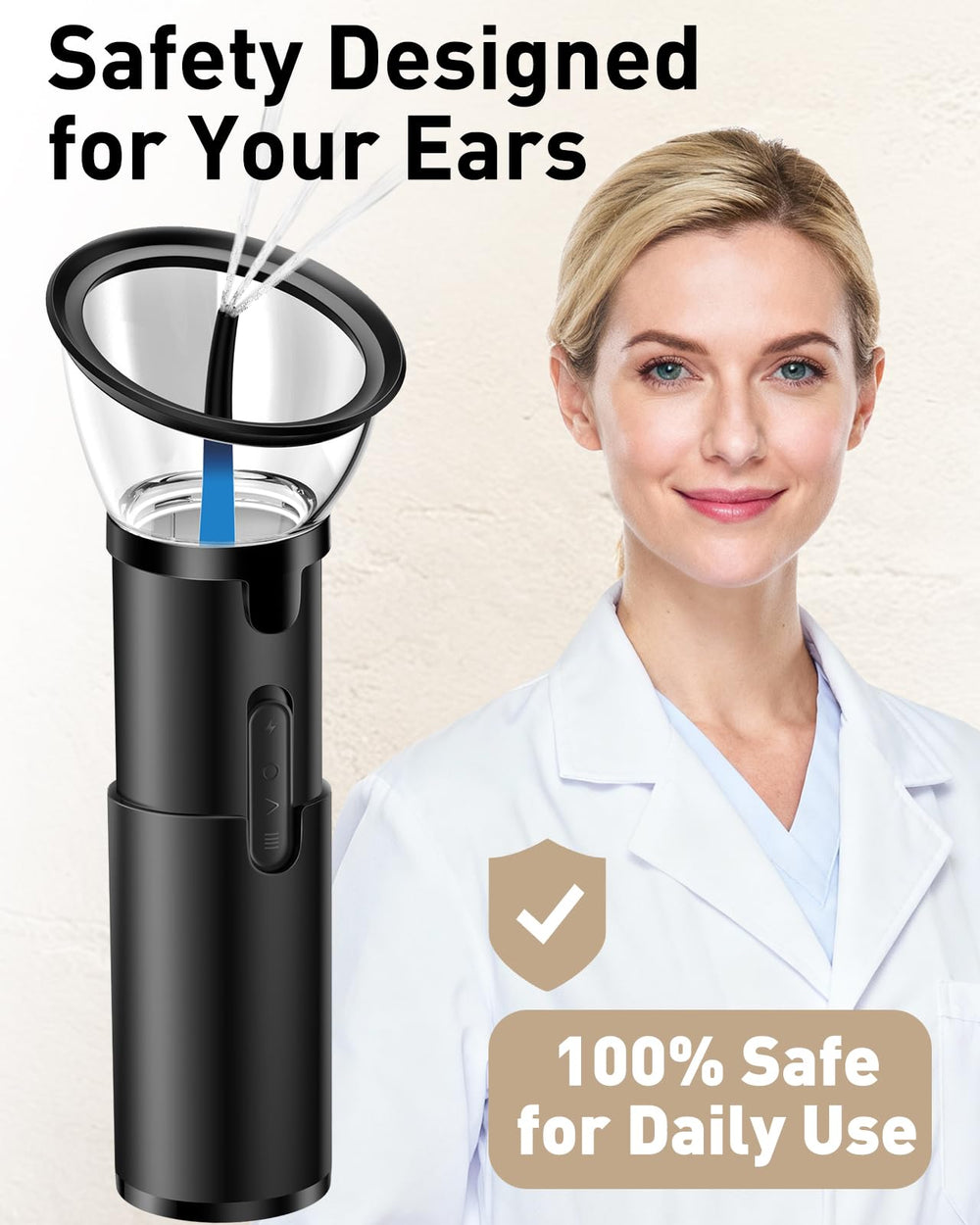 STYNGT ear cleaner in use illustrating hands-free operation with one-hand grip