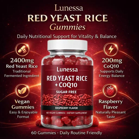 SUBMETIC Lunessa CoQ10 gummies label supports balanced daily wellness.