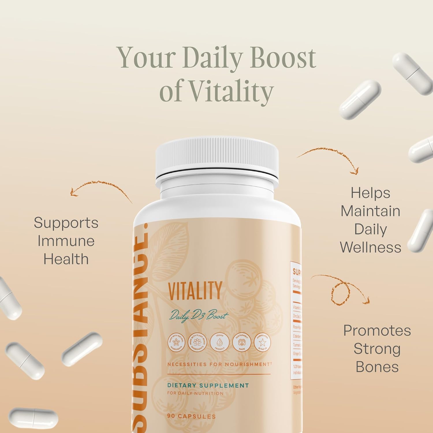 Close-up of SUBSTANCE D3 Boost capsules with ginger root hints at daily immune and bone support.