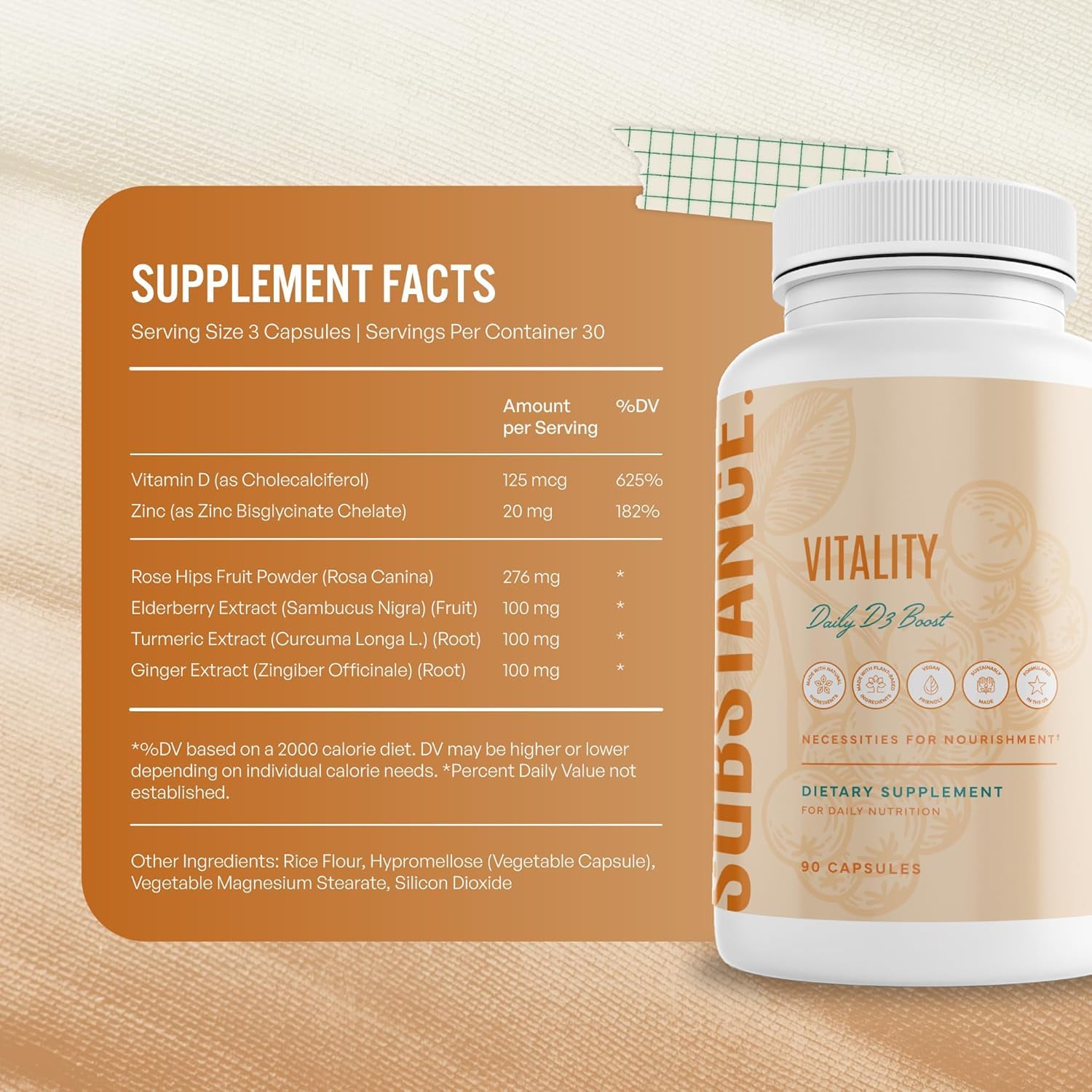 SUBSTANCE D3 Boost capsules beside a glass of water suggest easy daily intake.