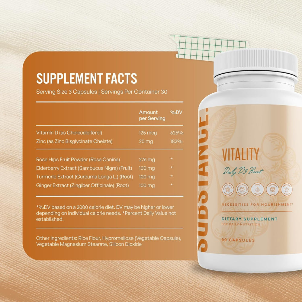 SUBSTANCE D3 Boost capsules beside a glass of water suggest easy daily intake.