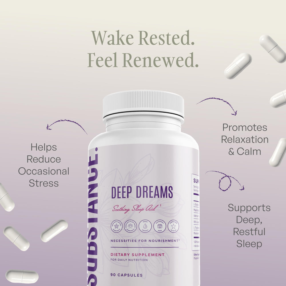SUBSTANCE Nature’s Deep Dreams capsules close-up highlights melatonin and herbs for calm sleep.