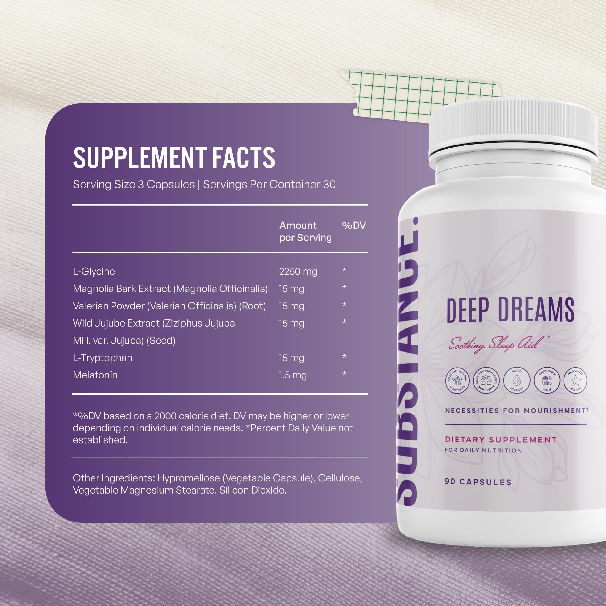 SUBSTANCE Nature’s Deep Dreams ingredients scene features valerian, jujube, and tryptophan.