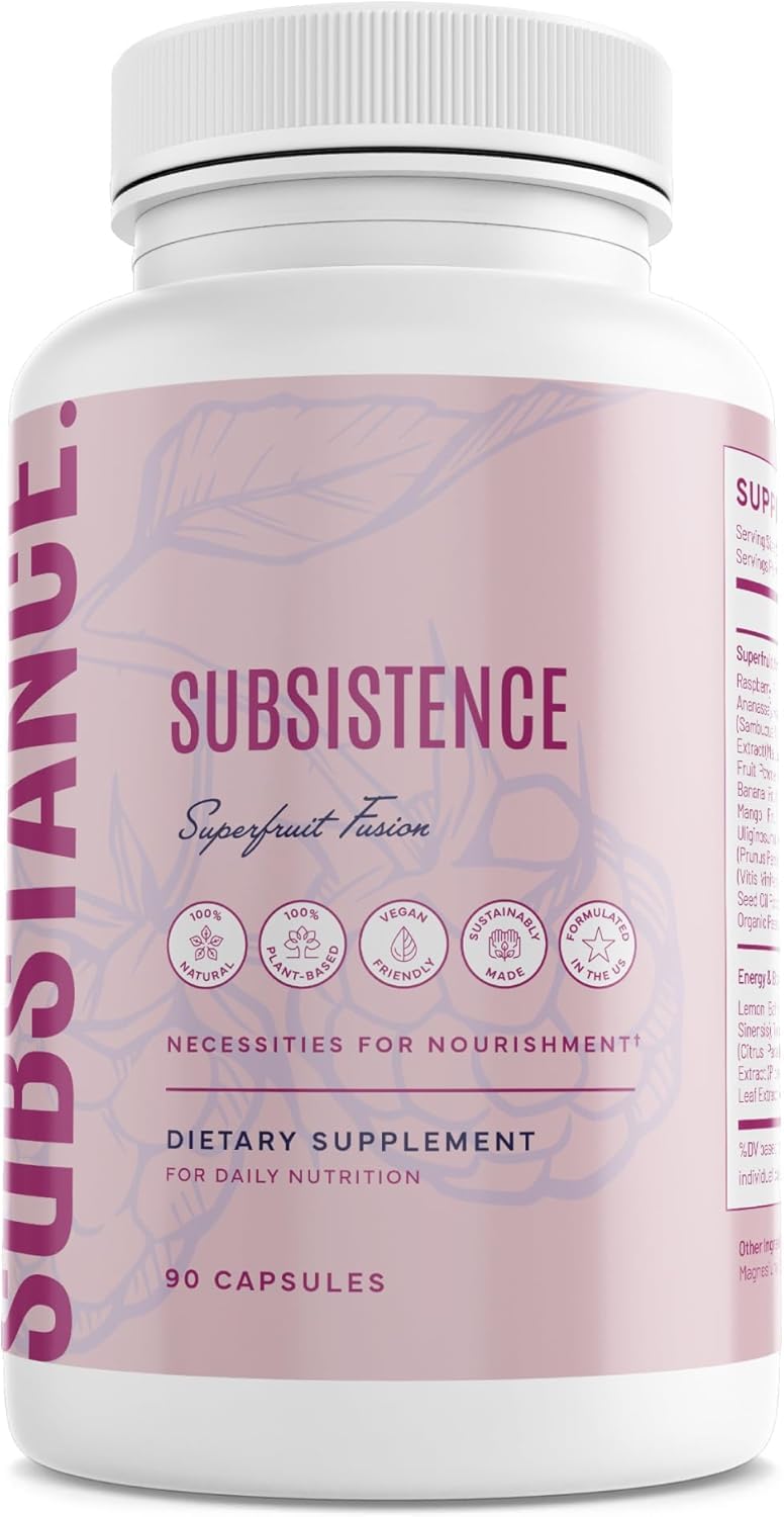 SUBSTANCE Nature’s Subsistence bottle front, antioxidant-rich daily fruit supplement for immune support.