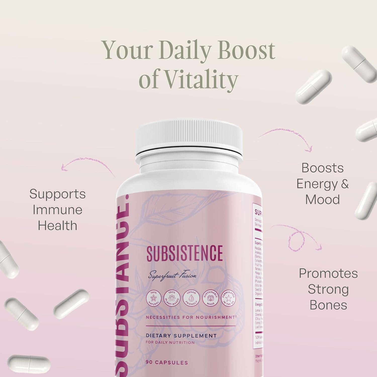 SUBSTANCE Nature’s Subsistence fruit mix highlights Acai, Pomegranate, Mango, Elderberry for antioxidants.