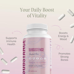 SUBSTANCE Nature’s Subsistence fruit mix highlights Acai, Pomegranate, Mango, Elderberry for antioxidants.