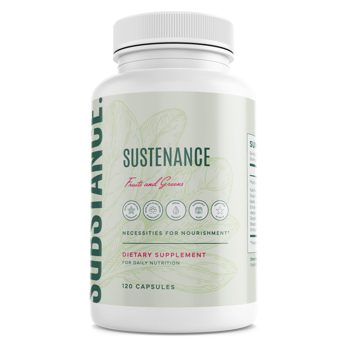 SUBSTANCE Sustenance bottle front for daily greens supplement promoting natural energy.