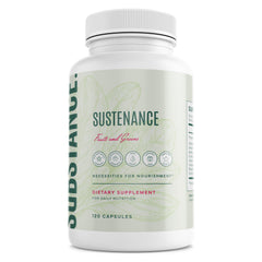 SUBSTANCE Sustenance bottle front for daily greens supplement promoting natural energy.